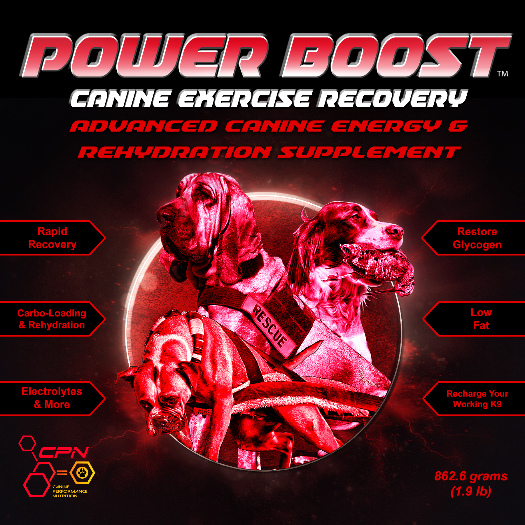 Power Boost Canine Exercise Recovery Advanced Canine Energy & Rehydration Supplement, performance dog supplements from Canine Performance Nutrition